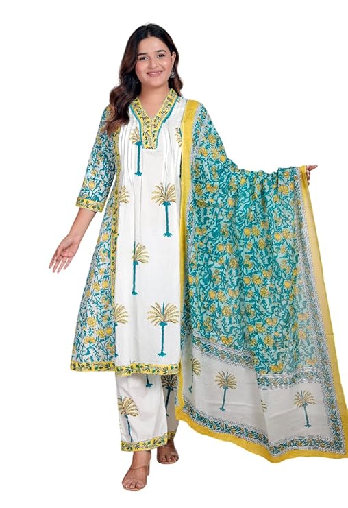 NITYA ENTERPRISESWomen's Cotton Printed Straight Kurti With Pant and Dupatta Set (White Aqua Blue-L)