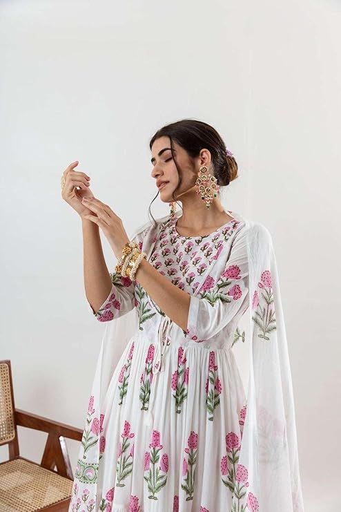 NITYA ENTERPRISES Women's Cotton Floral Printed Long Anarkali Kurti with Pant and Dupatta