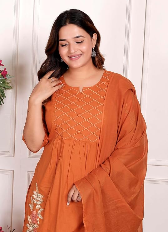 NITYA ENTERPRISESWomen's Cotton Embroidered Straight Kurti With Pant and Dupatta Set (Orange-XXL)
