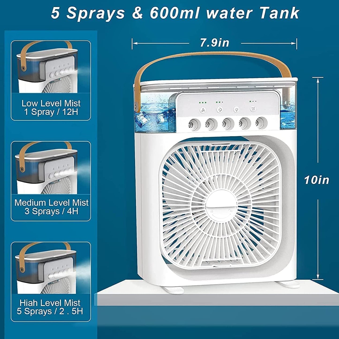 Air Conditioner Fan, 500 ml Water Tank USB Personal Cooler, Mini Humidifier Fan with 7 Colors LED Light, 3 Timer, 3 Wind Speeds, 3 Spray Modes for Office, Home