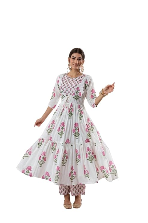 NITYA ENTERPRISES Women's Cotton Floral Printed Long Anarkali Kurti with Pant and Dupatta