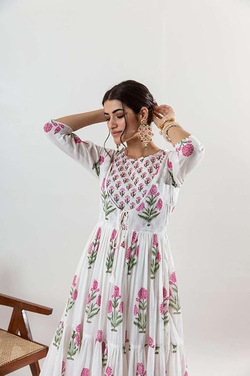 NITYA ENTERPRISES Women's Cotton Floral Printed Long Anarkali Kurti with Pant and Dupatta