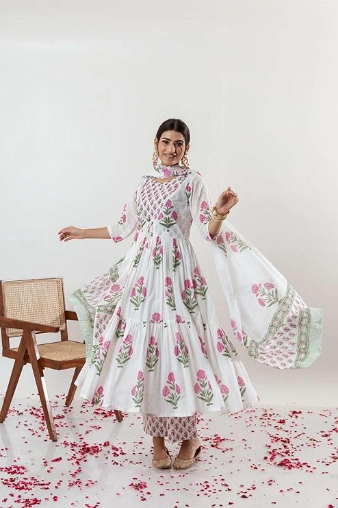 NITYA ENTERPRISES Women's Cotton Floral Printed Long Anarkali Kurti with Pant and Dupatta