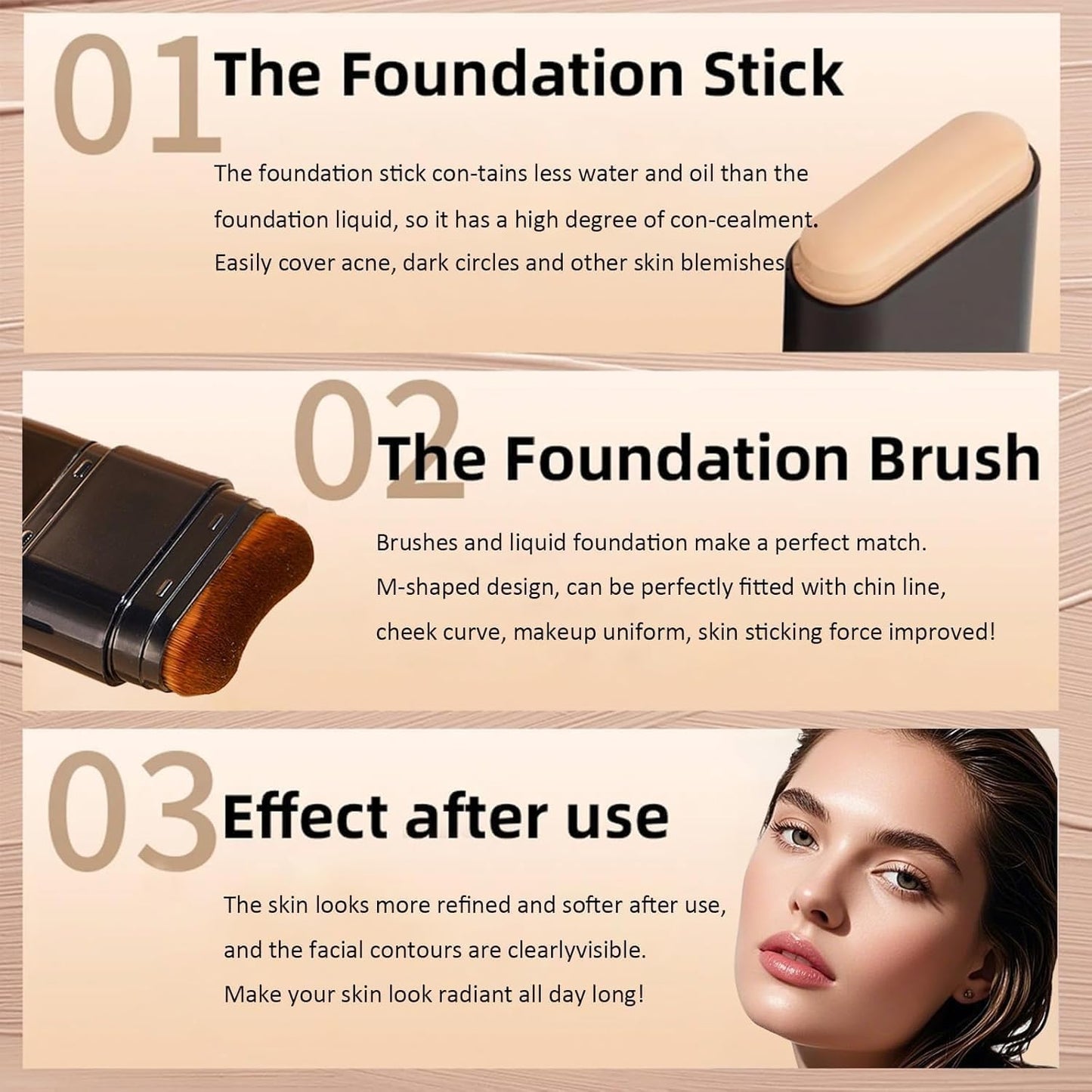 2 in 1 Luxury Anti-Wrinkle Foundation Stick,Long-Lasting Double Head Foundation Make Up Stick with Brush,Waterproof Concealer & Cream Base Makeup for All Skin Types,(PCS-1).