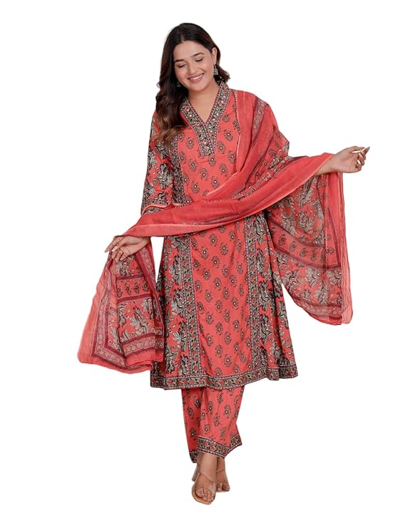 NITYA ENTERPRISESWomen's Cotton Printed Straight Kurti With Pant and Dupatta Set (PEACH-L)