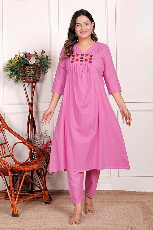 NITYA ENTERPRISESWomen's Cotton Embroidered Anarkali Kurti With Pant (PINK-M)