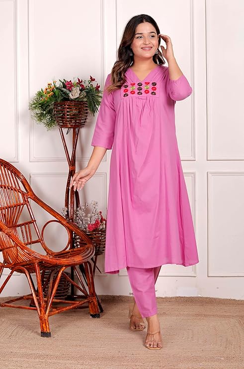 NITYA ENTERPRISESWomen's Cotton Embroidered Anarkali Kurti With Pant (PINK-XXL)