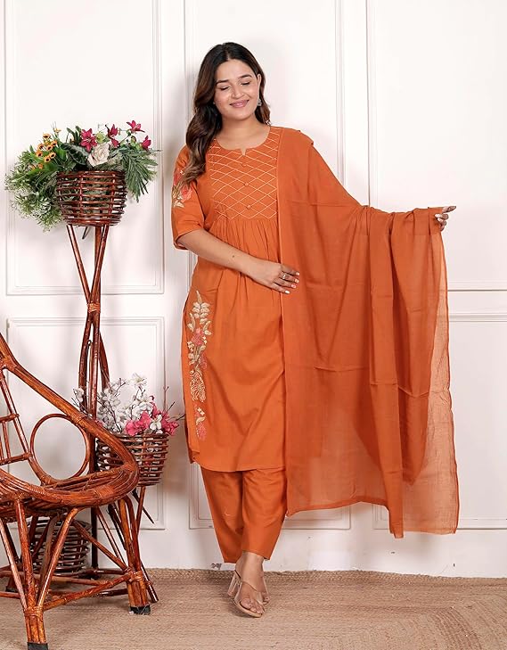 NITYA ENTERPRISESWomen's Cotton Embroidered Straight Kurti With Pant and Dupatta Set (Orange-XL)