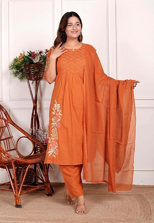 NITYA ENTERPRISESWomen's Cotton Embroidered Straight Kurti With Pant and Dupatta Set (Orange-XXL)