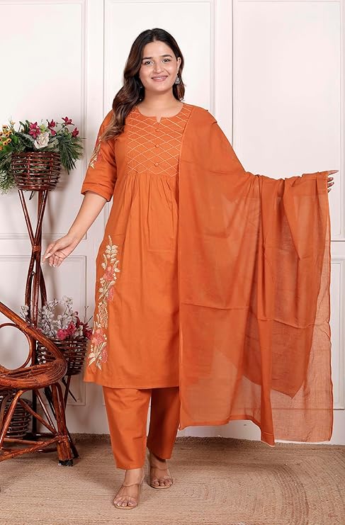 NITYA ENTERPRISESWomen's Cotton Embroidered Straight Kurti With Pant and Dupatta Set (Orange-XXL)