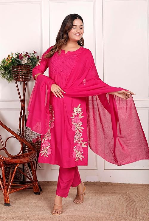 NITYA ENTERPRISESWomen's Cotton Embroidered Straight Kurti With Pant and Dupatta Set (Pink-M)