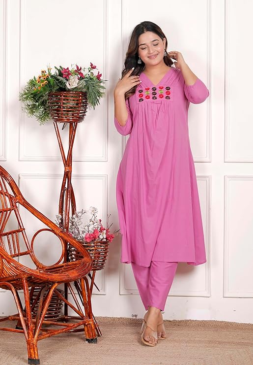 NITYA ENTERPRISESWomen's Cotton Embroidered Anarkali Kurti With Pant (PINK-M)