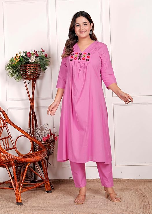 NITYA ENTERPRISESWomen's Cotton Embroidered Anarkali Kurti With Pant (PINK-XXL)