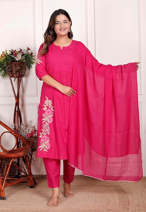 NITYA ENTERPRISESWomen's Cotton Embroidered Straight Kurti With Pant and Dupatta Set (Pink-L)