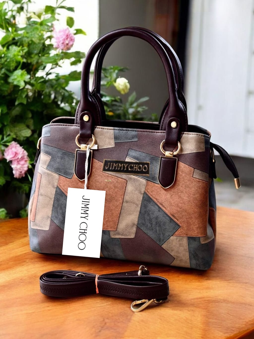 Jimmy Choo Inspired Premium Patchwork Handbag for Women | 3-Compartment Satchel with Adjustable Sling Strap | Elegant Shoulder Bag for Party & Daily Use (11x8x4 Inches)