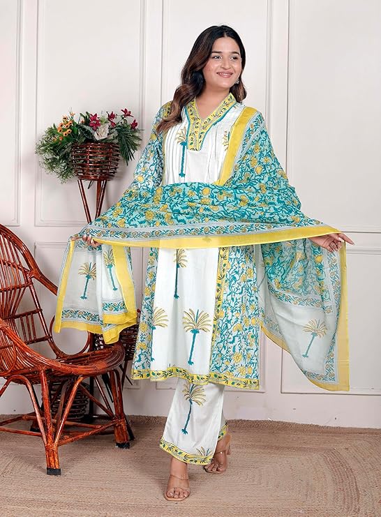 NITYA ENTERPRISESWomen's Cotton Printed Straight Kurti With Pant and Dupatta Set (White Aqua Blue-L)