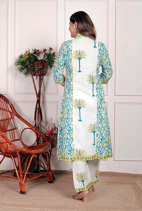 NITYA ENTERPRISESWomen's Cotton Printed Straight Kurti With Pant and Dupatta Set (White Aqua Blue-L)