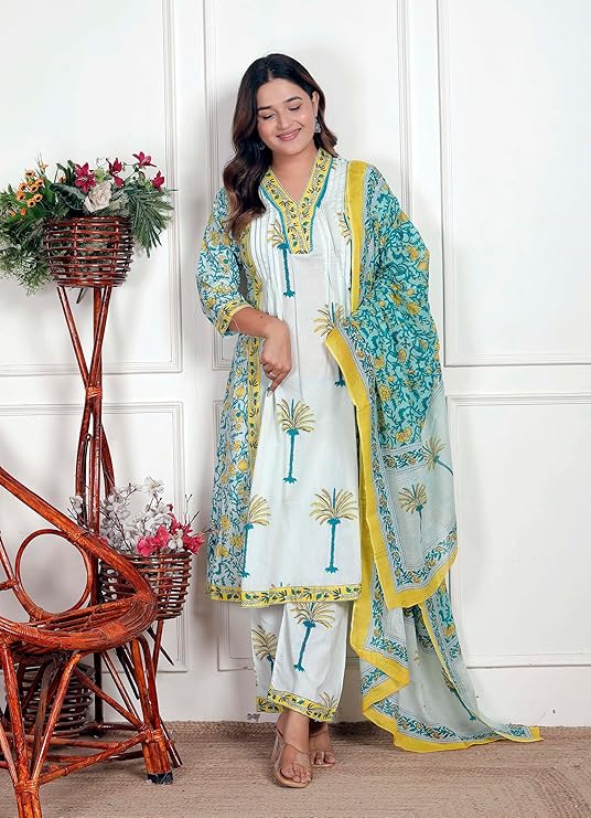 NITYA ENTERPRISESWomen's Cotton Printed Straight Kurti With Pant and Dupatta Set (White Aqua Blue-L)