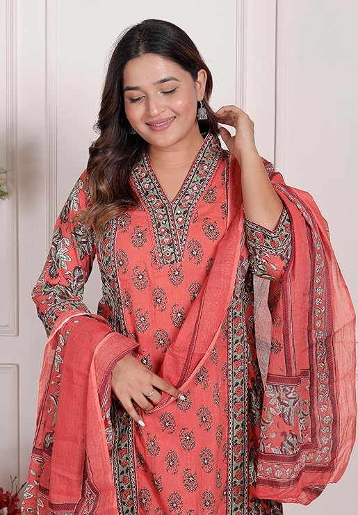 NITYA ENTERPRISESWomen's Cotton Printed Straight Kurti With Pant and Dupatta Set (PEACH-XXL)