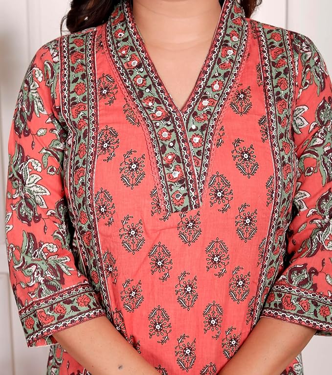 NITYA ENTERPRISESWomen's Cotton Printed Straight Kurti With Pant and Dupatta Set (PEACH-M)