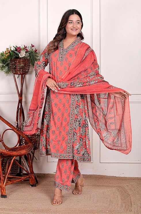 NITYA ENTERPRISESWomen's Cotton Printed Straight Kurti With Pant and Dupatta Set (PEACH-L)