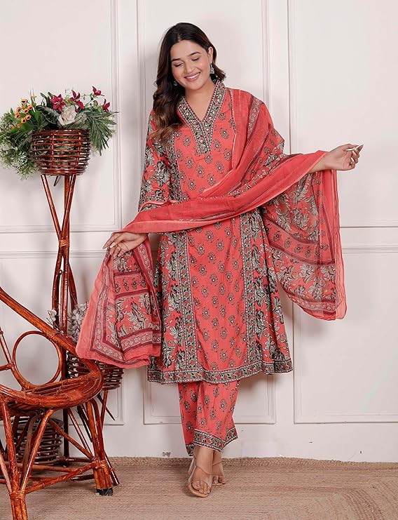 NITYA ENTERPRISESWomen's Cotton Printed Straight Kurti With Pant and Dupatta Set (PEACH-XL)