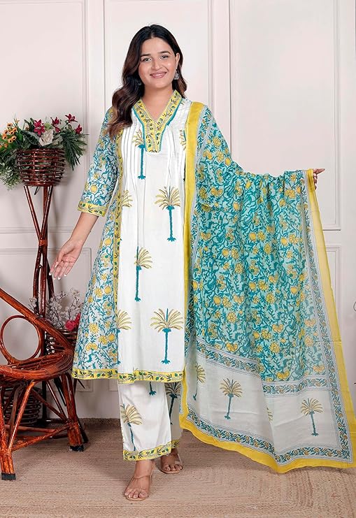 NITYA ENTERPRISESWomen's Cotton Printed Straight Kurti With Pant and Dupatta Set (White Aqua Blue-L)