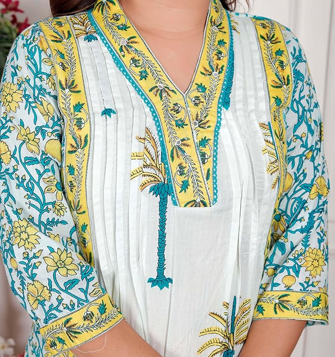 NITYA ENTERPRISESWomen's Cotton Printed Straight Kurti With Pant and Dupatta Set (White Aqua Blue-L)