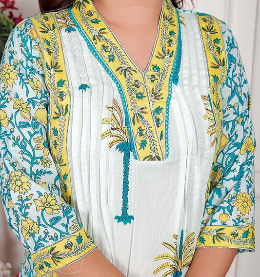 NITYA ENTERPRISESWomen's Cotton Printed Straight Kurti With Pant and Dupatta Set (White Aqua Blue-L)