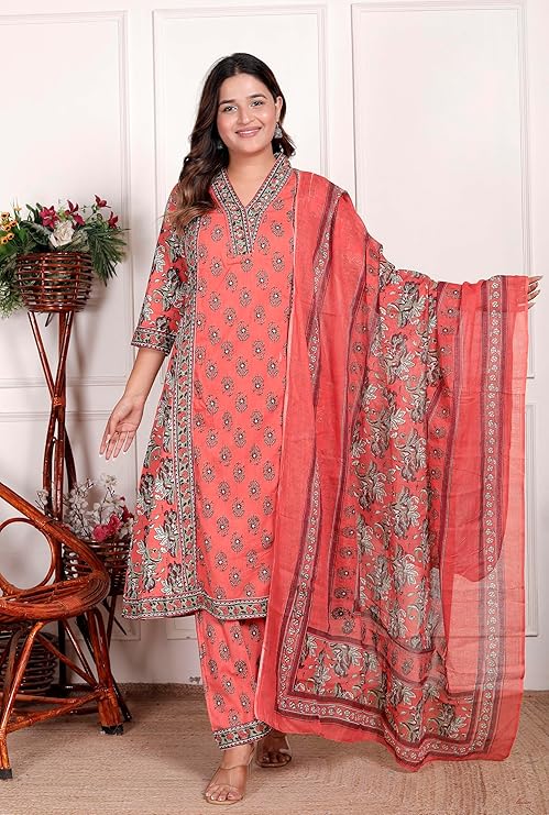 NITYA ENTERPRISESWomen's Cotton Printed Straight Kurti With Pant and Dupatta Set (PEACH-L)