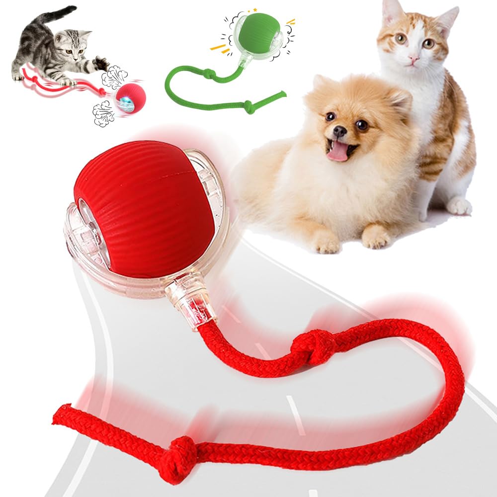 Interactive Electric Automatic Rolling Moving Rechargeable Self Play Stimulation Toy for Cats and Small Dogs - Smart Pet Chase Ball with Speedy Tail Rope for Indoor Multicolour