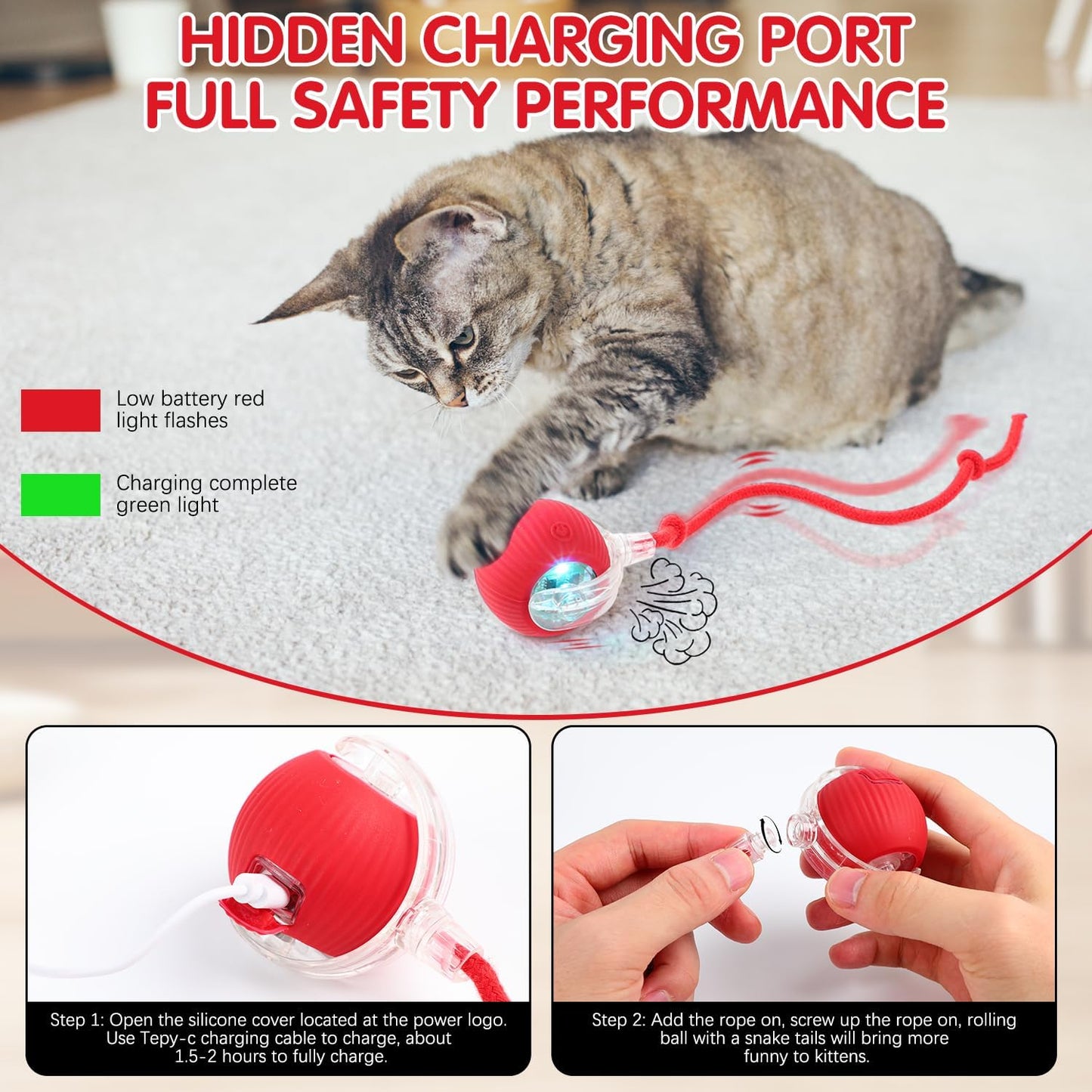 Interactive Electric Automatic Rolling Moving Rechargeable Self Play Stimulation Toy for Cats and Small Dogs - Smart Pet Chase Ball with Speedy Tail Rope for Indoor Multicolour