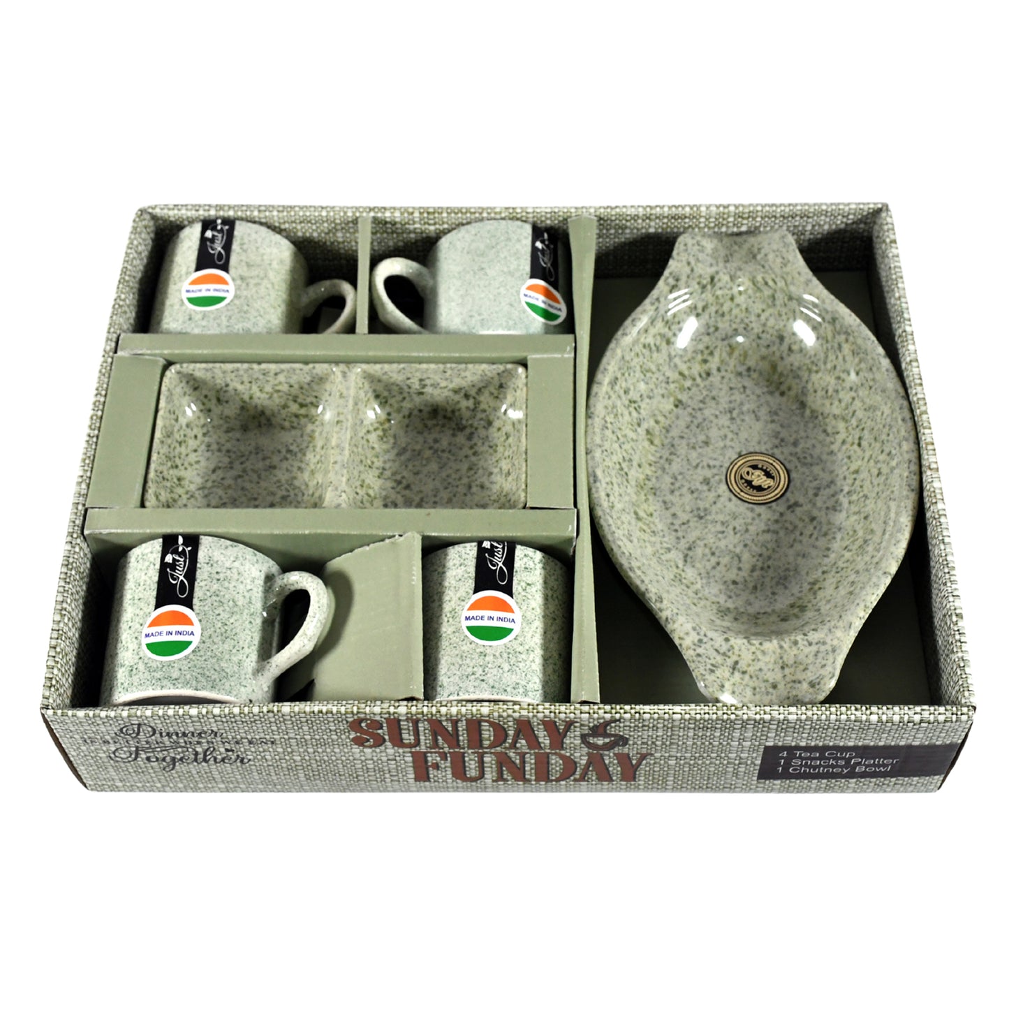 8240 Sunday Funday Ceramic Tea  Cups  Mug With Plastic Snacks Platter And 2 Compartment Chutney Bowl Milk Cup Coffee Cup Breakfast Cup Drinking Mug Or Outdoor For Household Gift For Birthday Wedding Party (6 Pcs Set)