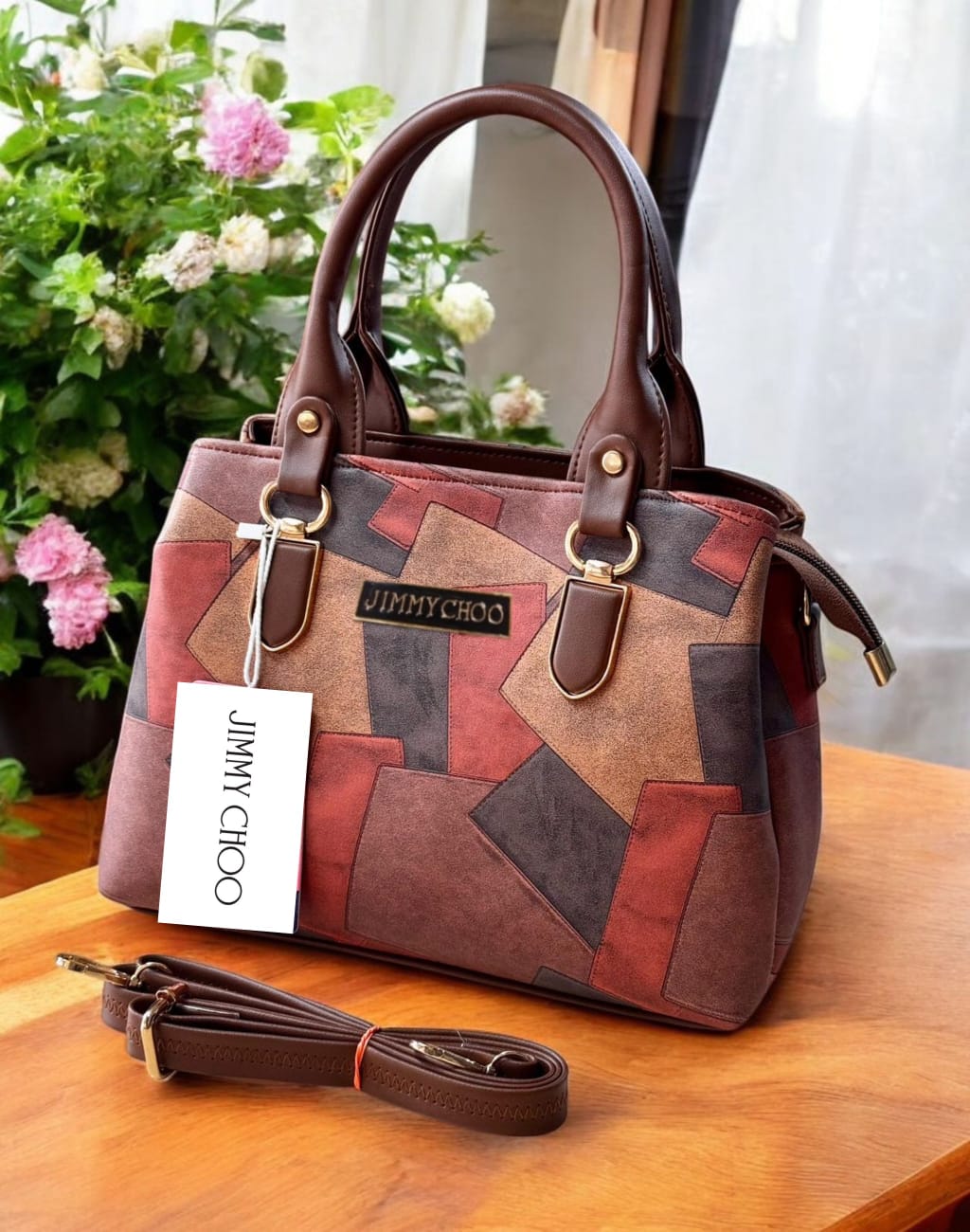 Jimmy Choo Inspired Premium Patchwork Handbag for Women | 3-Compartment Satchel with Adjustable Sling Strap | Elegant Shoulder Bag for Party & Daily Use (11x8x4 Inches)