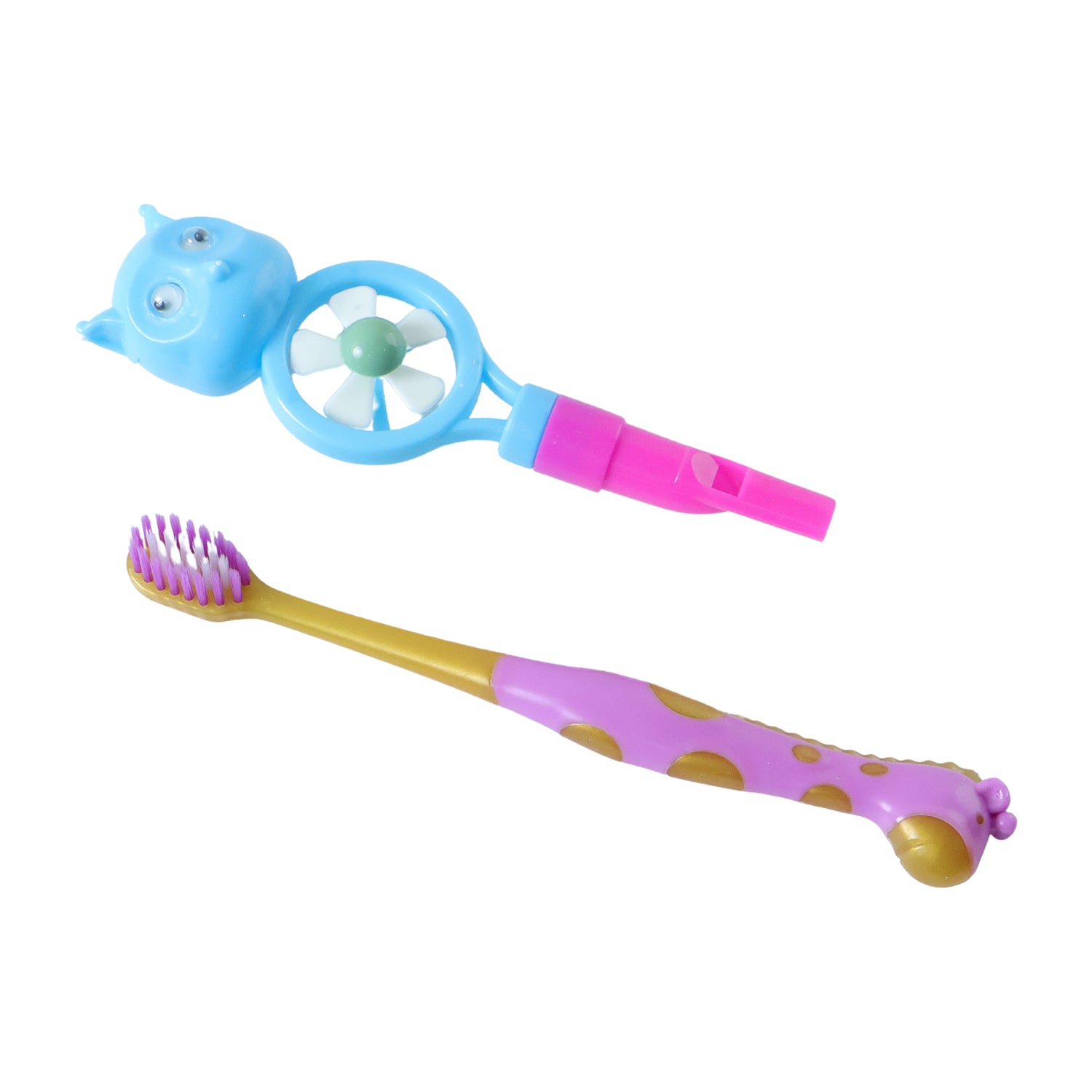 Kids Toothbrush With Cartoon Whistle Fan (2 Pc Set)