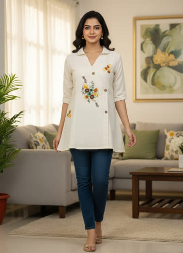 Shivam Hub Women's Pure Khadi Cotton Short Top with Cotton Lining – Ivory Multicolor Printed Casual & Ethnic Wear