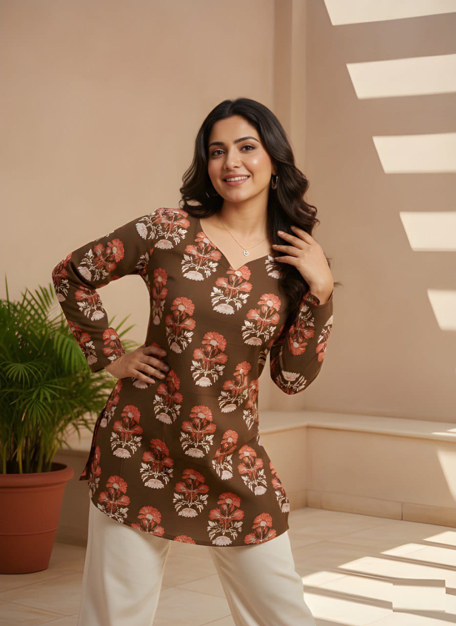 Women Cotton Short Top for Women with Cotton Lining, Pink & Green Printed Ethnic Casual Wear Top, Comfortable Kurti Style Short Top for Daily Wear, Office Wear & Festive Wear