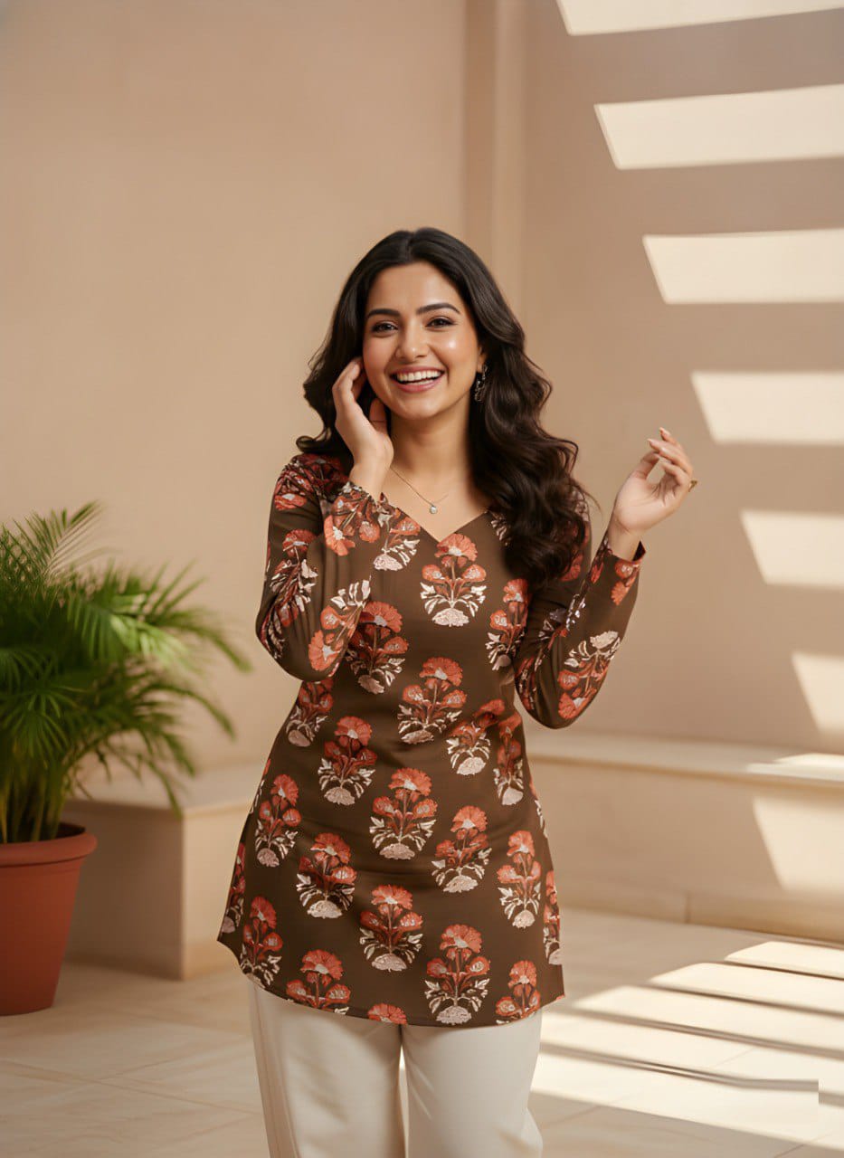 Women Cotton Short Top for Women with Cotton Lining, Pink & Green Printed Ethnic Casual Wear Top, Comfortable Kurti Style Short Top for Daily Wear, Office Wear & Festive Wear
