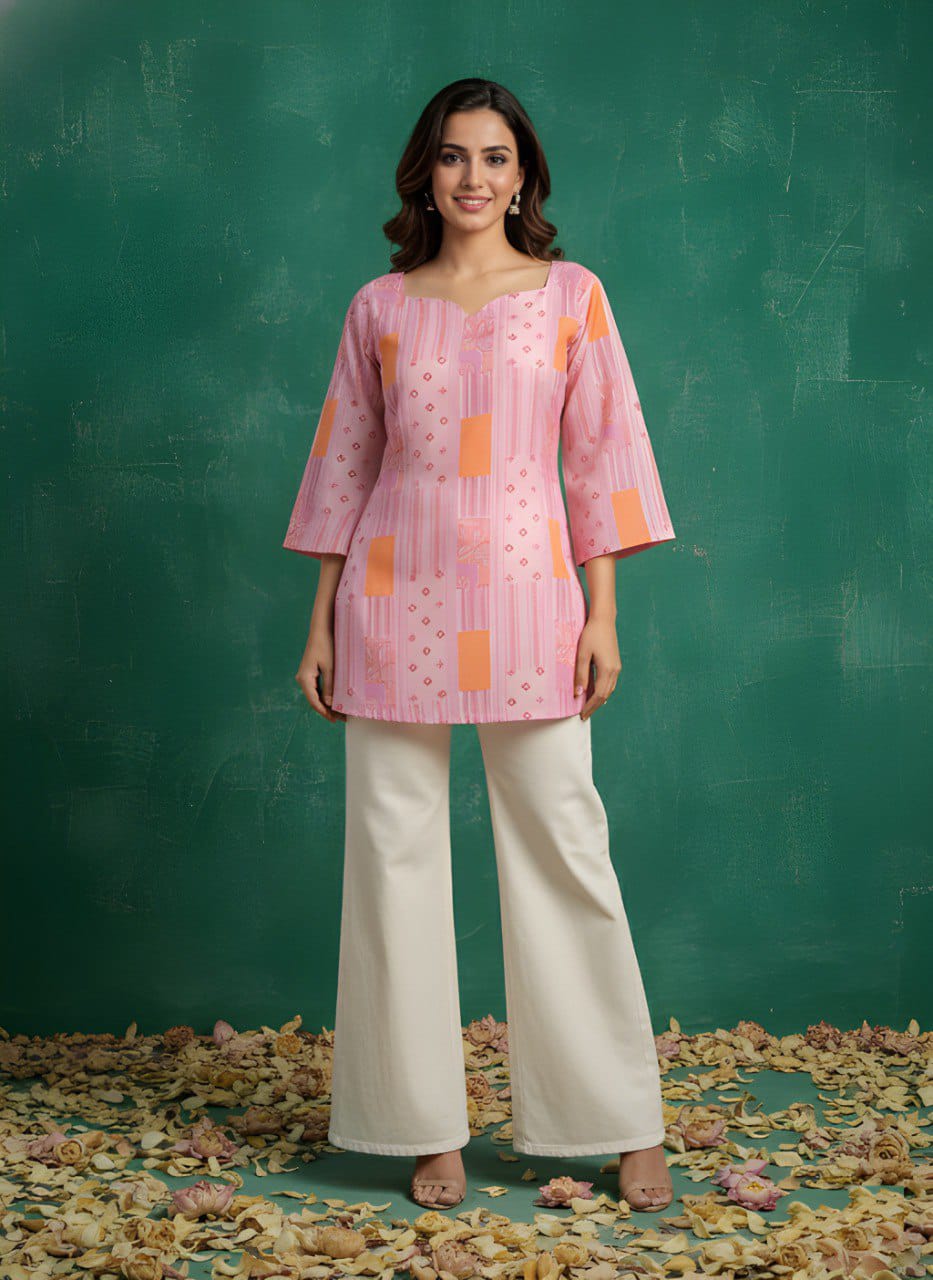 Women Cotton Short Top for Women with Cotton Lining, Pink & Green Printed Ethnic Casual Wear Top, Comfortable Kurti Style Short Top for Daily Wear, Office Wear & Festive Wear