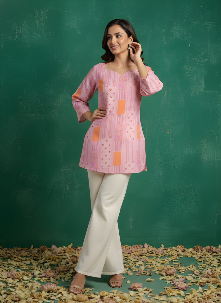 Women Cotton Short Top for Women with Cotton Lining, Pink & Green Printed Ethnic Casual Wear Top, Comfortable Kurti Style Short Top for Daily Wear, Office Wear & Festive Wear