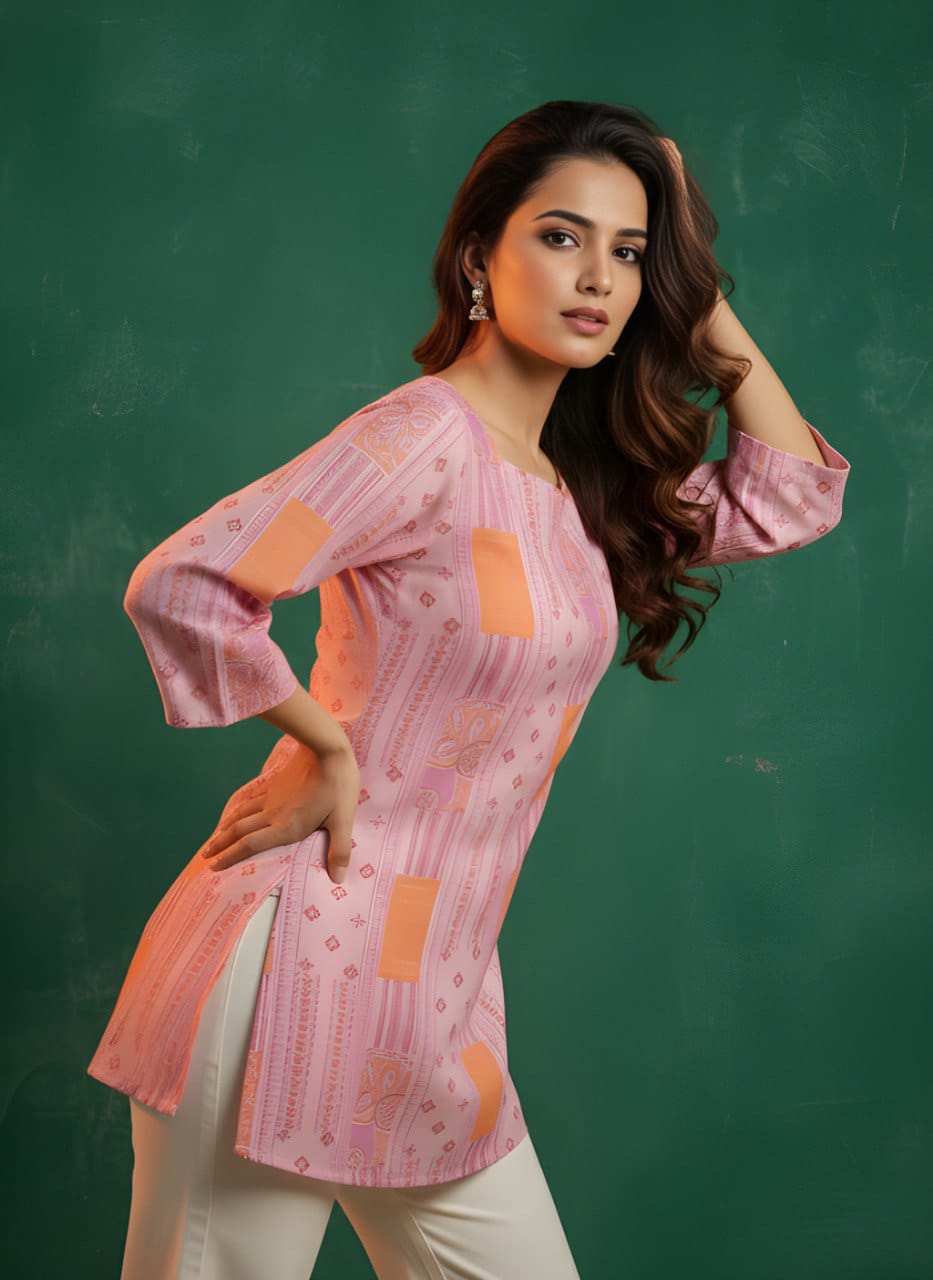 Women Cotton Short Top for Women with Cotton Lining, Pink & Green Printed Ethnic Casual Wear Top, Comfortable Kurti Style Short Top for Daily Wear, Office Wear & Festive Wear