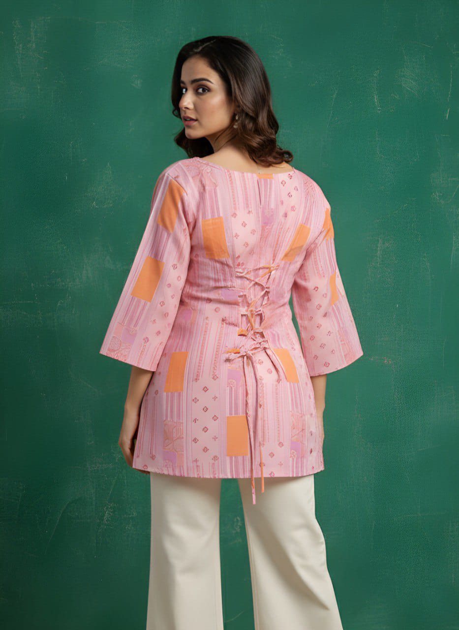 Women Cotton Short Top for Women with Cotton Lining, Pink & Green Printed Ethnic Casual Wear Top, Comfortable Kurti Style Short Top for Daily Wear, Office Wear & Festive Wear