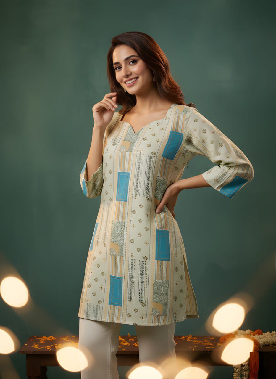 Women Cotton Short Top for Women with Cotton Lining, Pink & Green Printed Ethnic Casual Wear Top, Comfortable Kurti Style Short Top for Daily Wear, Office Wear & Festive Wear
