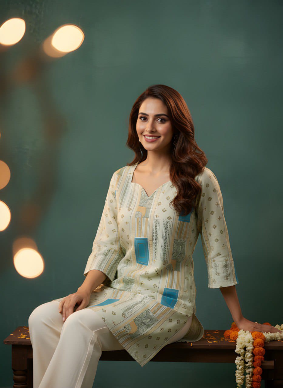 Women Cotton Short Top for Women with Cotton Lining, Pink & Green Printed Ethnic Casual Wear Top, Comfortable Kurti Style Short Top for Daily Wear, Office Wear & Festive Wear