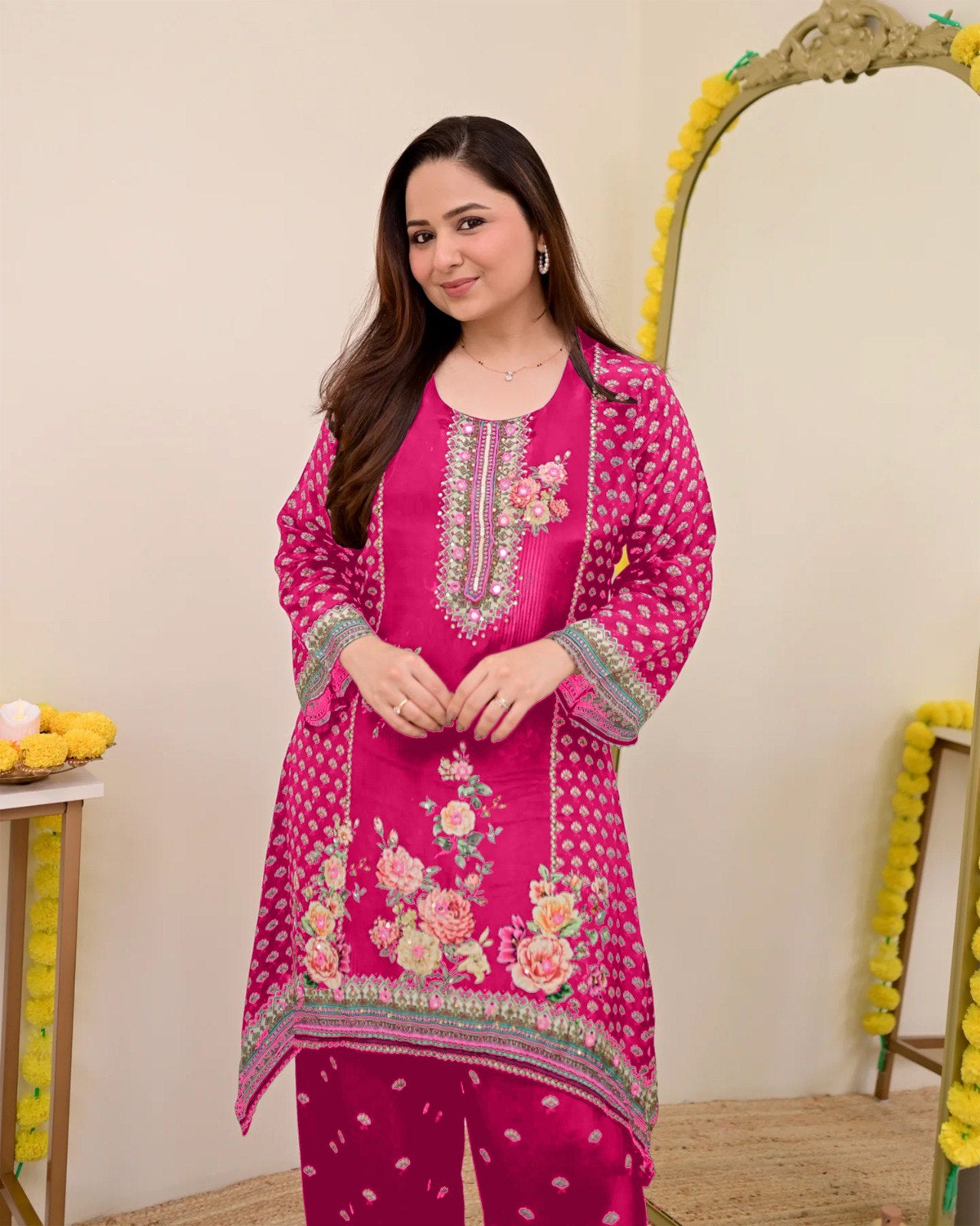 Women Muslin Co-ord Set with Hand Mirror Work, Digital Print Kurta Pant Set, Fully Stitched Ready to Wear Ethnic Co-ord Set for Women, Casual Party & Festive Wear, Size M to 10XL