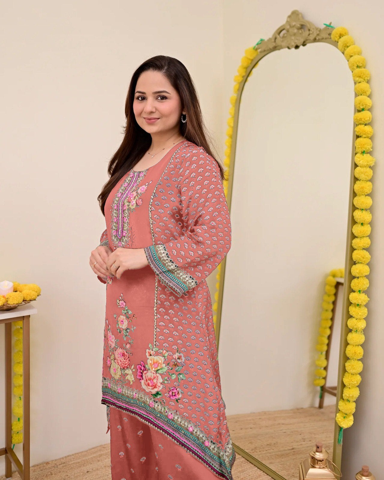Women Muslin Co-ord Set with Hand Mirror Work, Digital Print Kurta Pant Set, Fully Stitched Ready to Wear Ethnic Co-ord Set for Women, Casual Party & Festive Wear, Size M to 10XL
