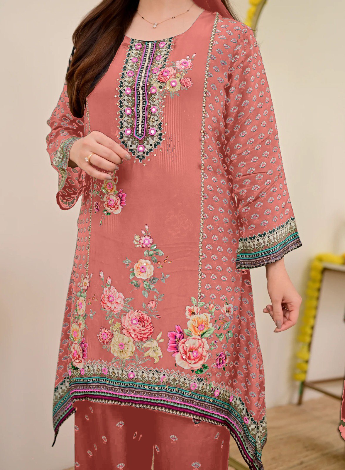 Women Muslin Co-ord Set with Hand Mirror Work, Digital Print Kurta Pant Set, Fully Stitched Ready to Wear Ethnic Co-ord Set for Women, Casual Party & Festive Wear, Size M to 10XL