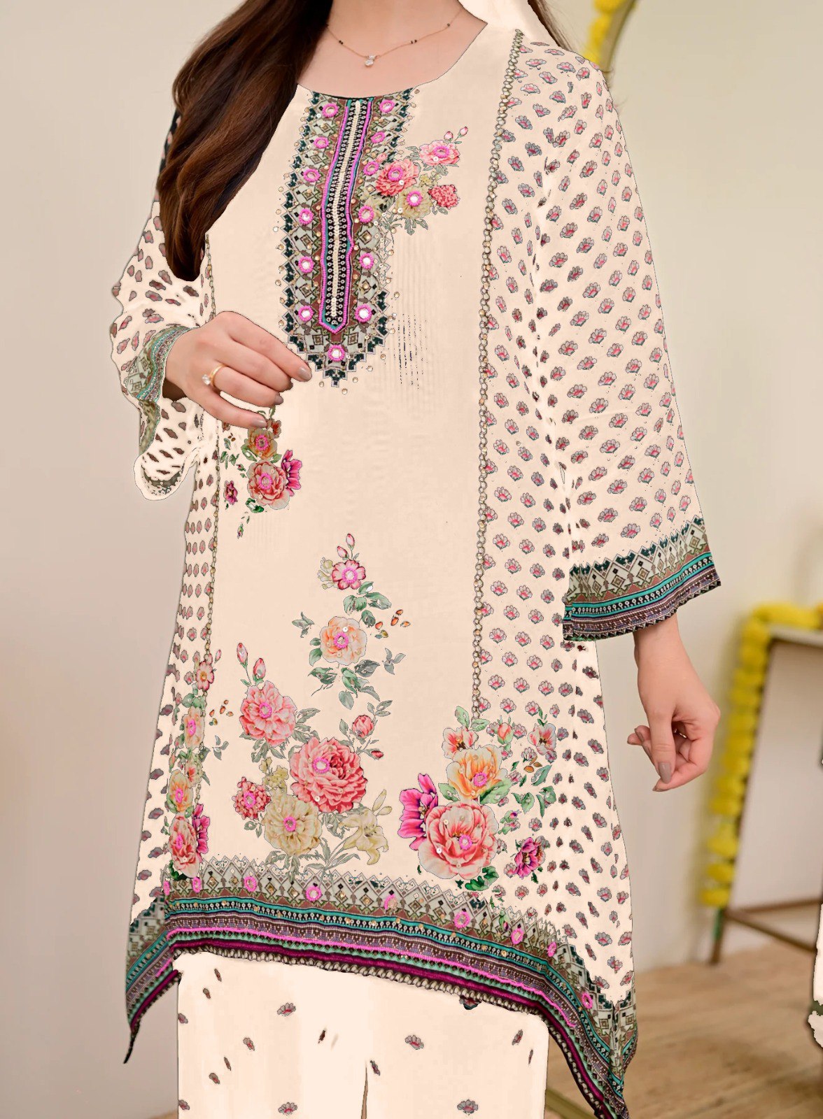 Women Muslin Co-ord Set with Hand Mirror Work, Digital Print Kurta Pant Set, Fully Stitched Ready to Wear Ethnic Co-ord Set for Women, Casual Party & Festive Wear, Size M to 10XL