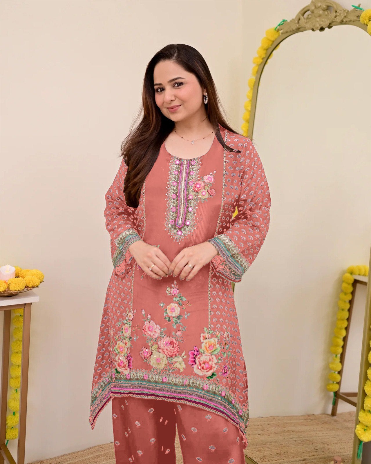 Women Muslin Co-ord Set with Hand Mirror Work, Digital Print Kurta Pant Set, Fully Stitched Ready to Wear Ethnic Co-ord Set for Women, Casual Party & Festive Wear, Size M to 10XL