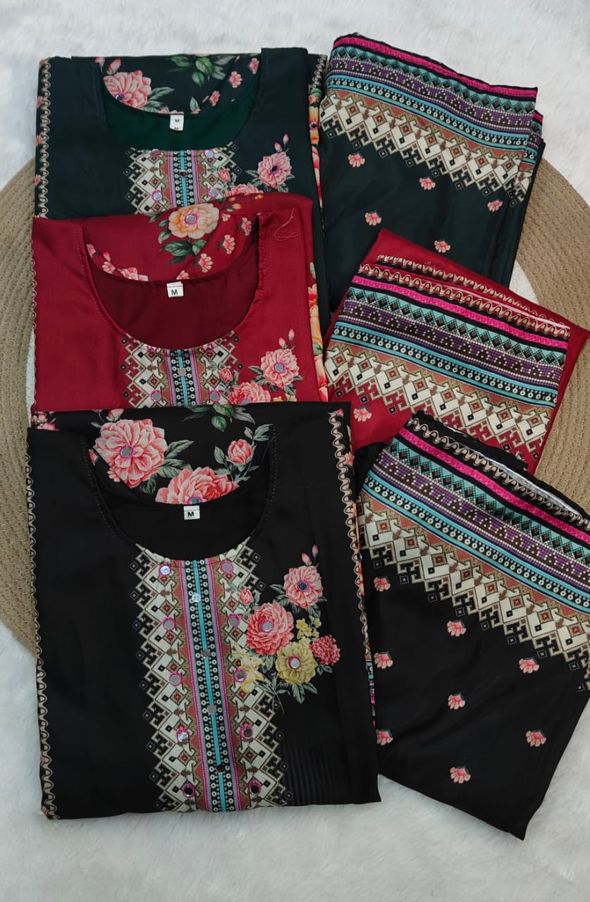 Women Muslin Co-ord Set with Hand Mirror Work, Digital Print Kurta Pant Set, Fully Stitched Ready to Wear Ethnic Co-ord Set for Women, Casual Party & Festive Wear, Size M to 10XL